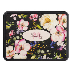 Cache Pour Crochet De Remorquage Aquarelle rose Roses jaunes sur noir, Monogramme