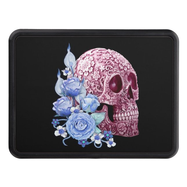 Cache Pour Crochet De Remorquage Crâne de sucre rose floral bleu Jour des morts (Devant)