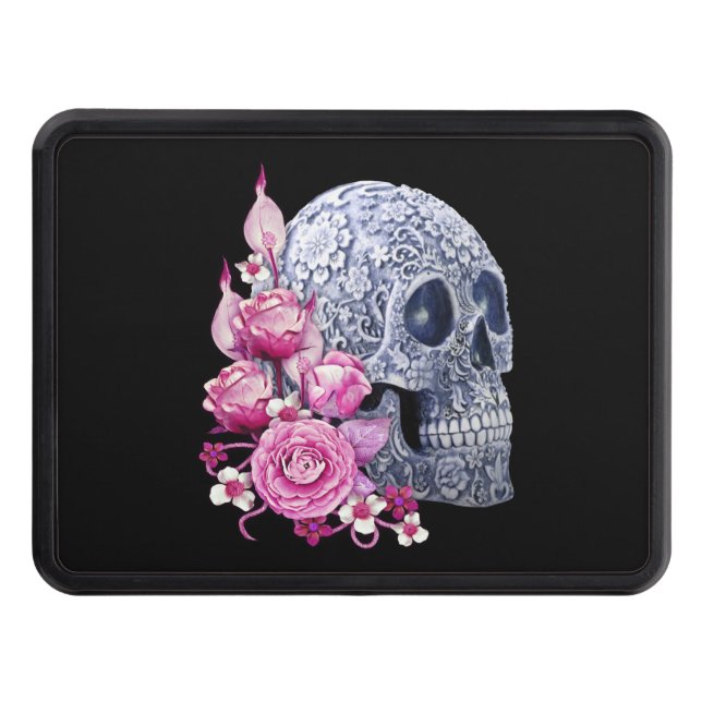 Cache Pour Crochet De Remorquage Crâne de sucre rose floral bleu jour des morts (Devant)