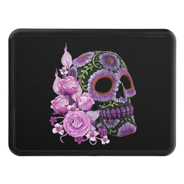 Cache Pour Crochet De Remorquage Crâne de sucre rose floral noir Jour des morts (Devant)