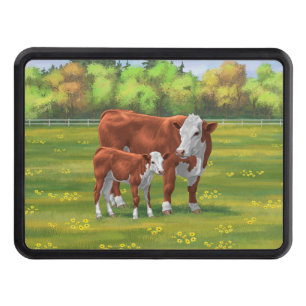 Cache Pour Crochet De Remorquage Hereford Cow & Cute Calf dans les pâturages d'été