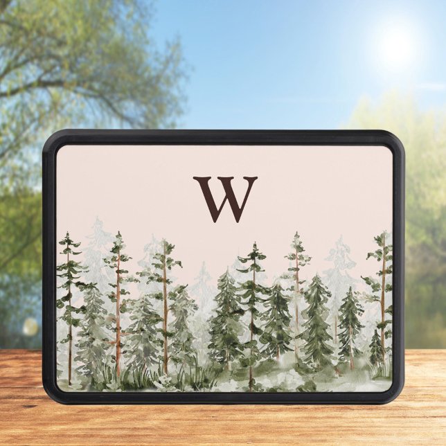 Cache Pour Crochet De Remorquage Monogramme Aquarelle Forêt verte rustique (Close up)