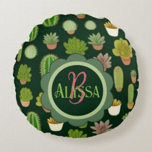 Cacti and Succulent Wonderland: Customize Name Round Pillow
