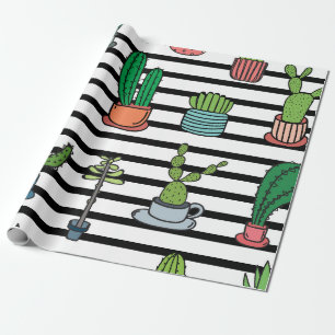 Cacti and Succulents on Stripes Pattern Wrapping Paper