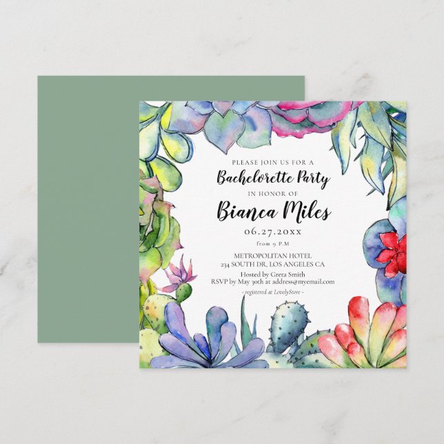 Cacti and succulents watercolor Bachelorette Party Invitation (Front/Back)