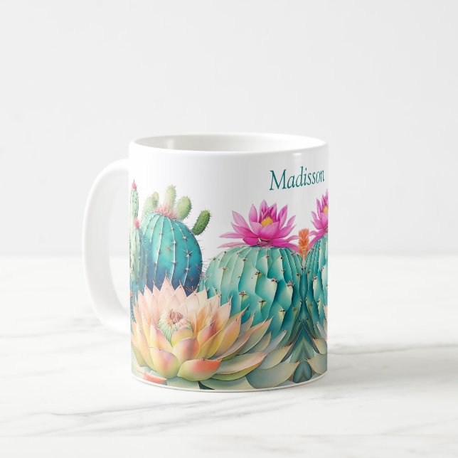 Cacti And Succulents With Name Coffee Mug (Front Left)