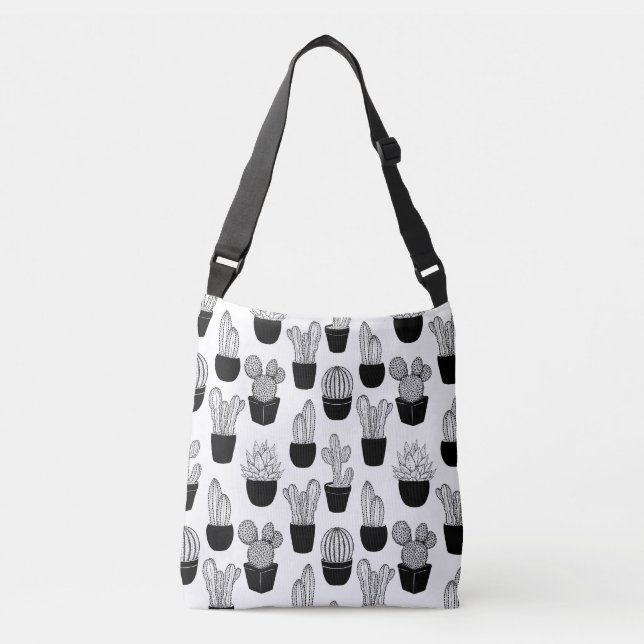 Cacti Black Line Art Large Pattern Crossbody Bag (Front)