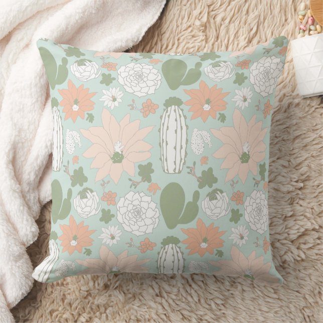 Cacti Cactus Peach Green Whimsical Floral Pattern  Throw Pillow (Blanket)
