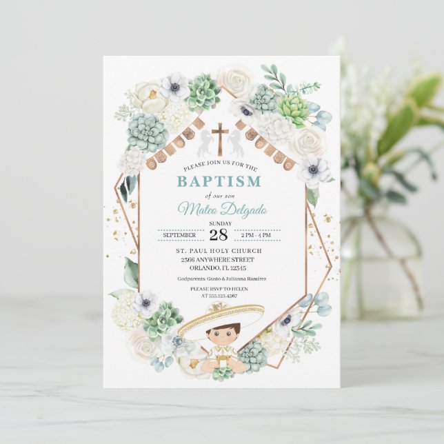 Cacti Floral Mexican Baby Boy Charro Baptism Invitation (Standing Front)