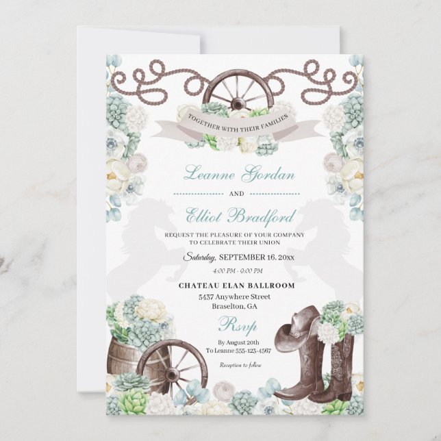 Cacti Floral Mint Green Western Cowboy Wedding Invitation (Front)