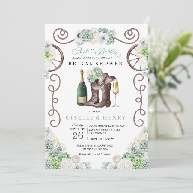 Cacti Floral Western Boots & Bubbly Bridal Shower  Invitation (Standing Front)