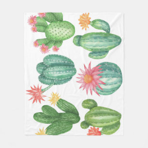Cacti Flowers Watercolor Hand Drawn Fleece Blanket