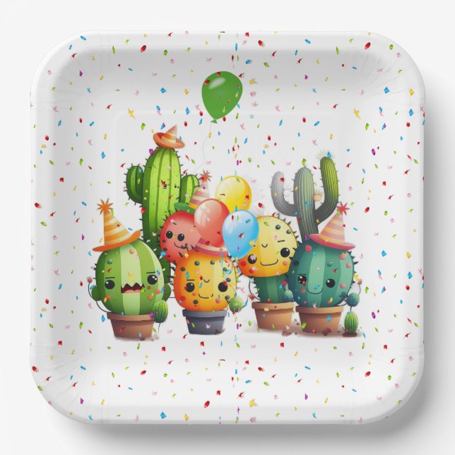 Cacti Group with Party Confetti Paper Plate (Front)