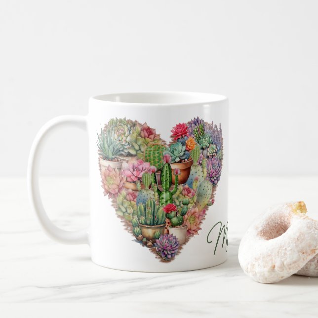 Cacti In A Heart Shape Name Coffee Mug (With Donut)