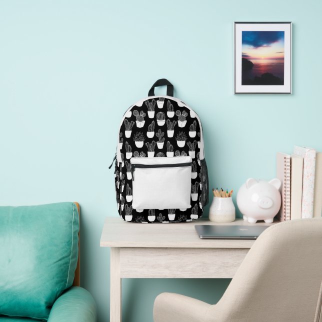 Cacti Line Art Black And White Pattern 1 Printed Backpack (Insitu)