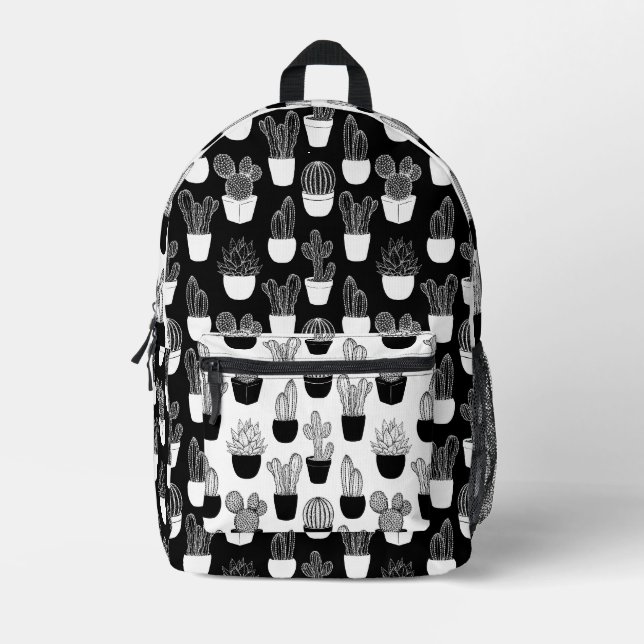 Cacti Line Art Black And White Pattern 2 Printed Backpack (Front)