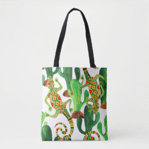 Cacti Lizards Watercolor Print Tote Bag
