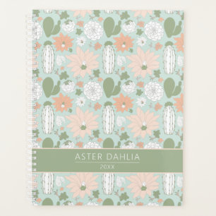Cacti Peach Green Floral Pattern With Name Planner