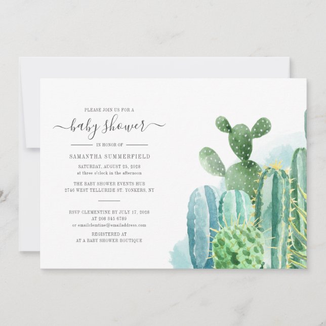 Cacti Plants Botanical Script Modern Baby Shower Invitation (Front)