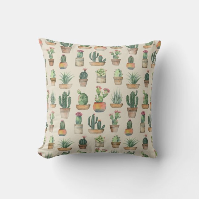 Cacti Plants Pattern Botanical Illustration Throw Pillow (Front)