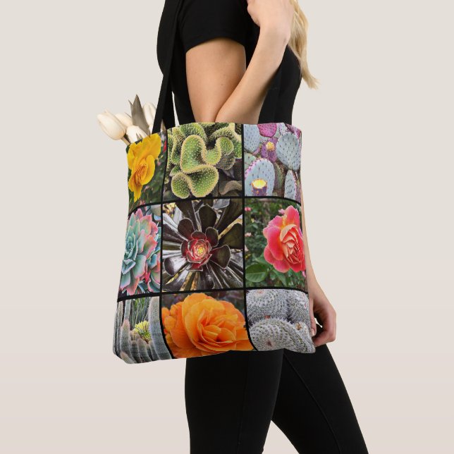 Cacti Rose Flowers Photography Collage Modern Bold Tote Bag (Close Up)