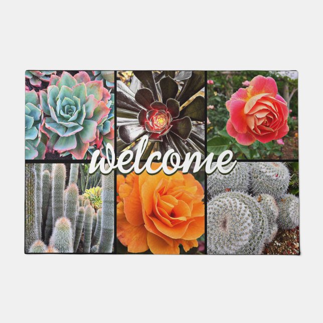 Cacti Roses Photo Collage Welcome Script Modern Doormat (Front)