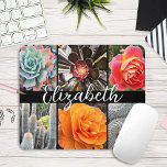 Cacti roses stylish photos script custom name chic mouse pad<br><div class="desc">Brilliantly red, yellow, and orange-hued roses and lush green, aqua, and black cacti shout warm, summer days. Enjoy the blossoms and the peaceful atmosphere of a vibrant garden whenever you use this stunning photography custom name mousepad. Makes a great gift for someone special! Just type in the name of your...</div>