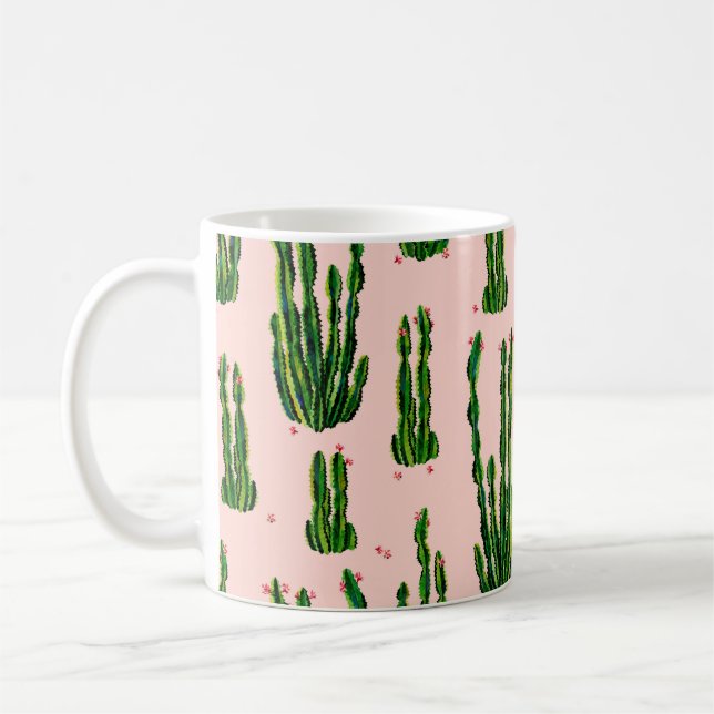 Cacti seamless pattern watercolor. Cactus in bloss Coffee Mug (Left)