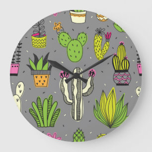 Cacti, succulents: tropical vintage background. large clock