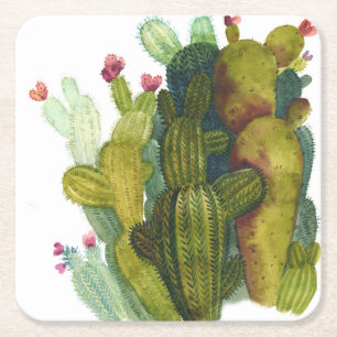 Cacti, succulents: vintage watercolor. square paper coaster