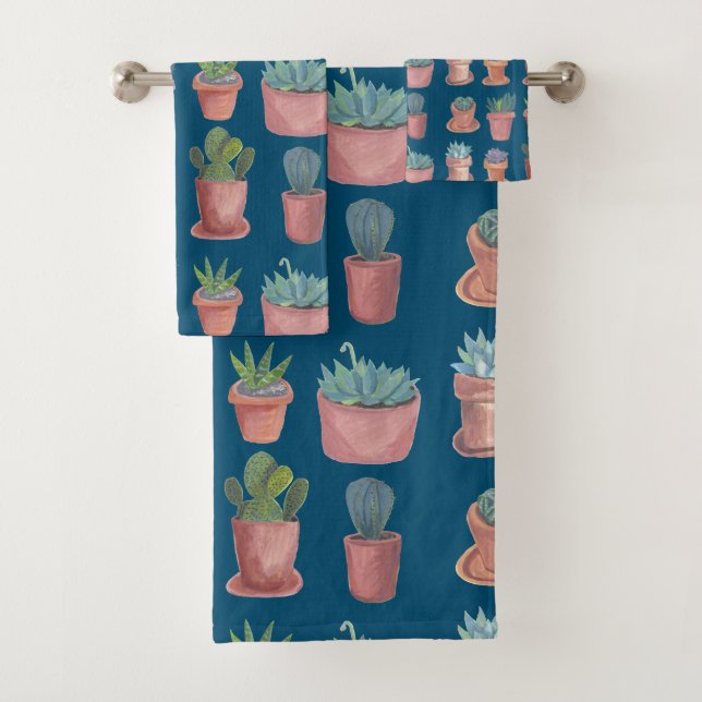 Cacti Succulents Watercolor Terracotta Pots Indigo Bath Towel Set (Insitu)