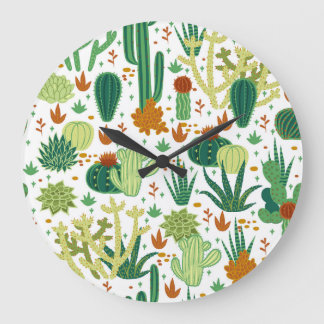 Cacti White Background: Vintage Graphics. Large Clock