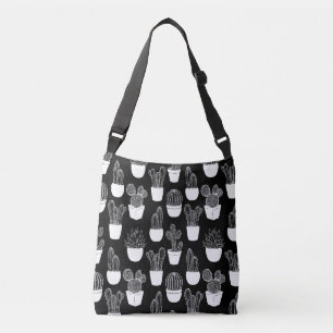 Cacti White Line Art Large Pattern Crossbody Bag