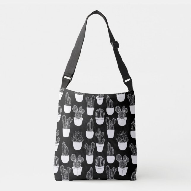 Cacti White Line Art Large Pattern Crossbody Bag (Front)