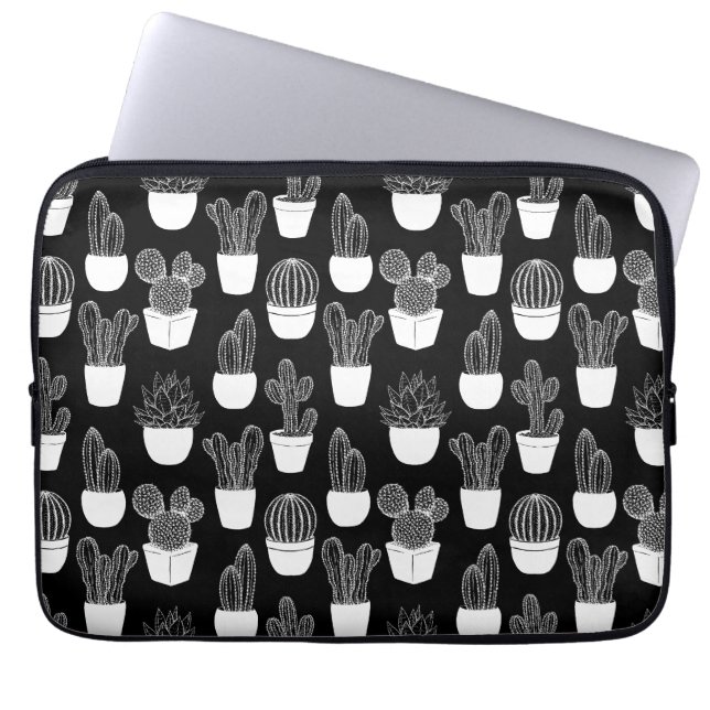 Cacti White Line Art Pattern Laptop Sleeve (Front)