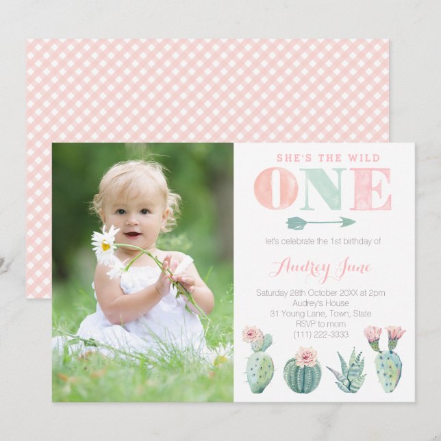 Cactus 1er Anniversaire Invitations pour Fille, Pa (Devant / Derrière)