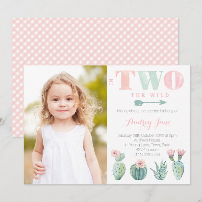 Cactus 2nd Birthday Party for Girl With Picture In Invitation (Front/Back)