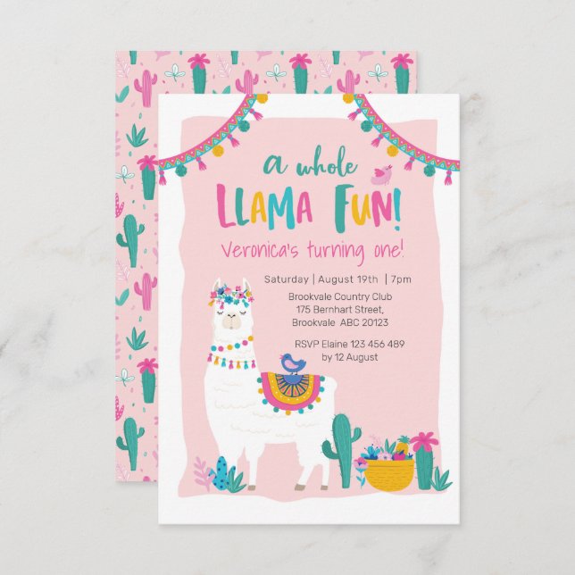 Cactus amusant Cute Llama Invitation d'anniversair (Devant / Derrière)