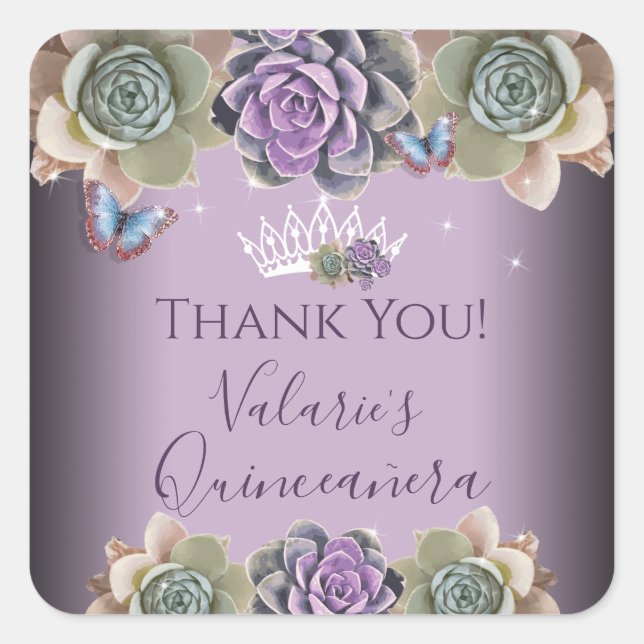 Cactus and Butterfly Elegant Quinceanera Square St Square Sticker (Front)