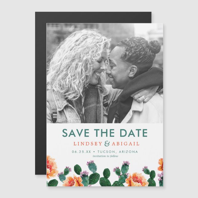 Cactus and Flowers Save the Date Magnetic Invitation (Front/Back)