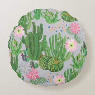 Cactus and flowers, watercolor seamless painting. round pillow