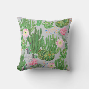 Cactus and flowers, watercolor seamless painting. throw pillow