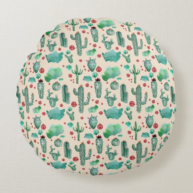 cactus and ladybug pattern - beige background round pillow (Front)