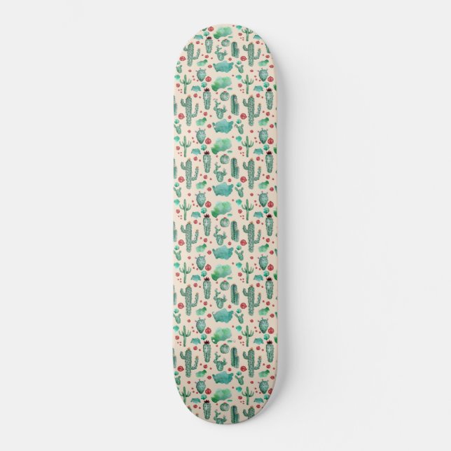 cactus and ladybug pattern - beige background skateboard (Front)