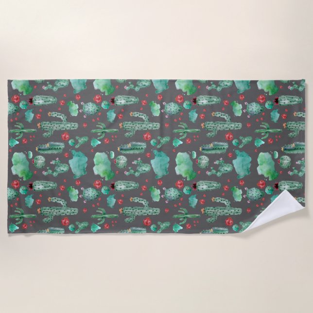 cactus and ladybug pattern - black background beach towel (Front)