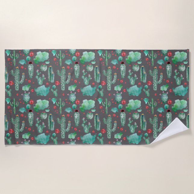 cactus and ladybug pattern - black background beach towel (Front)