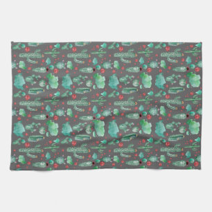 cactus and ladybug pattern - black background kitchen towel