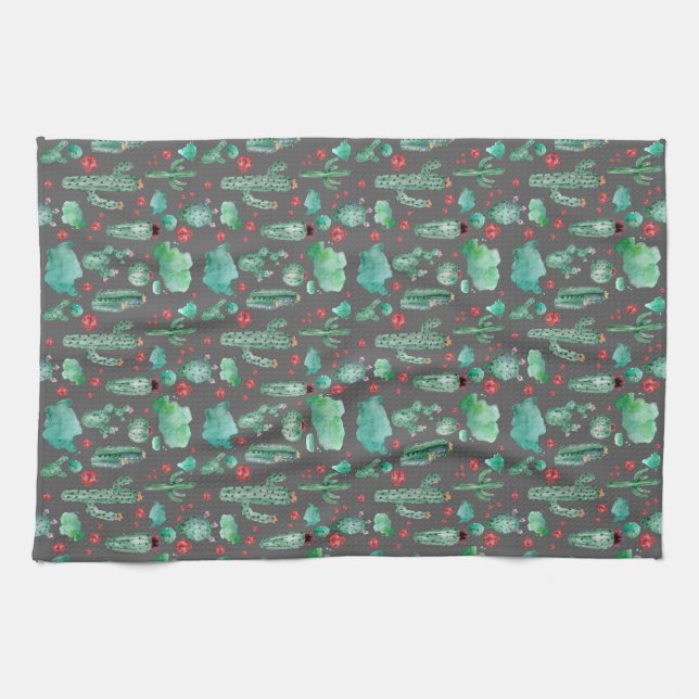 cactus and ladybug pattern - black background kitchen towel (Horizontal)