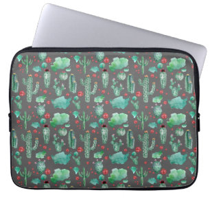cactus and ladybug pattern - black background laptop sleeve