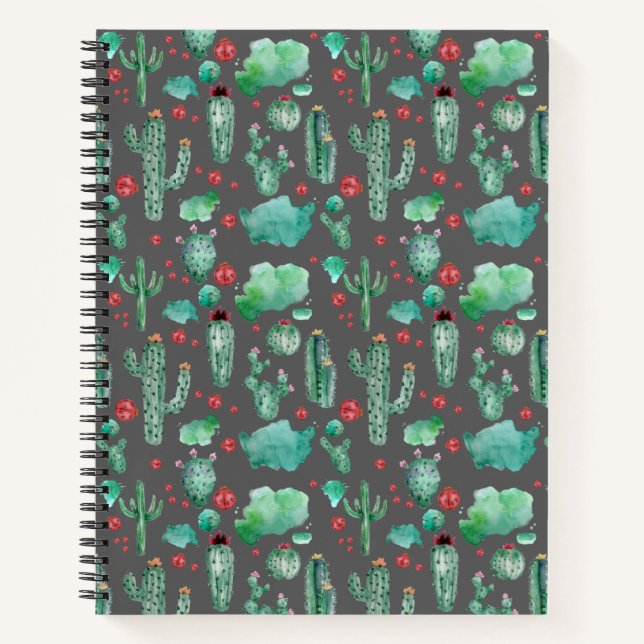 cactus and ladybug pattern - black background notebook (Front)